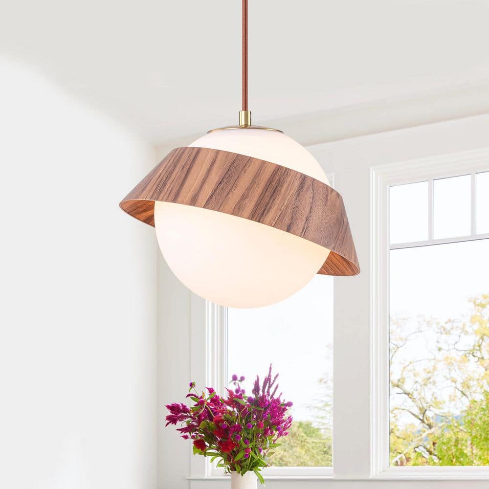 40-Watt 1-Light Wooden Globe Hanging Pendant Light with White Glass Shade for Kitchen Island, Bedroom price history on PriceWatchPro