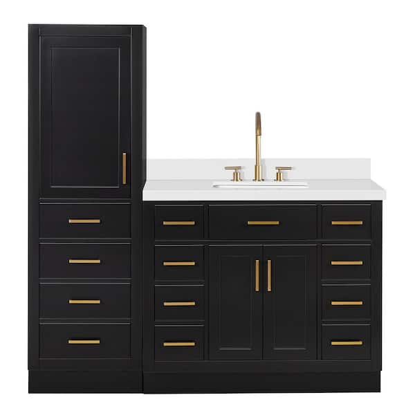 Hepburn 43 in. Single Sink Bath Vanity with Pure White Quartz Top and Linen Cabinet in Black
