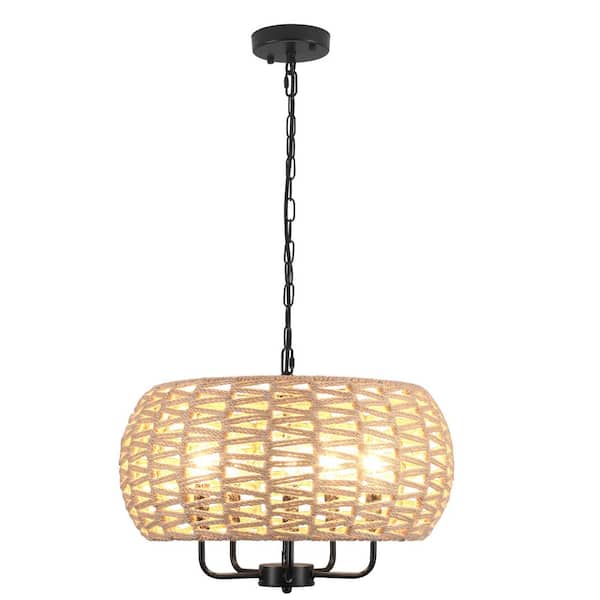 ZJVAIVE 5-Light Black Candlestick Hanging Linear Chandelier Lighting with Brown Hemp Rope Shade for Kitchen Island