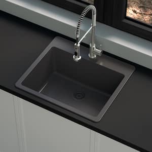 Stonehaven 25 in. Drop-In Single Bowl Black Onyx Granite Composite Kitchen Sink with Black Strainer