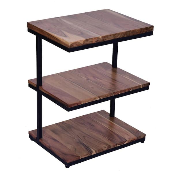 THE URBAN PORT 19 in. W Brown and Black Industrial End Table with 3-Tier Wooden Shelves and Metal Frame