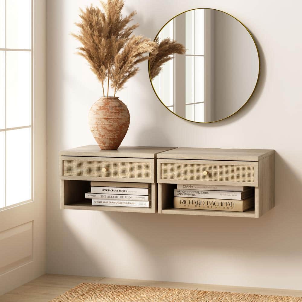 Light Oak and Rattan Floating Nightstands with Drawer, Set of 2