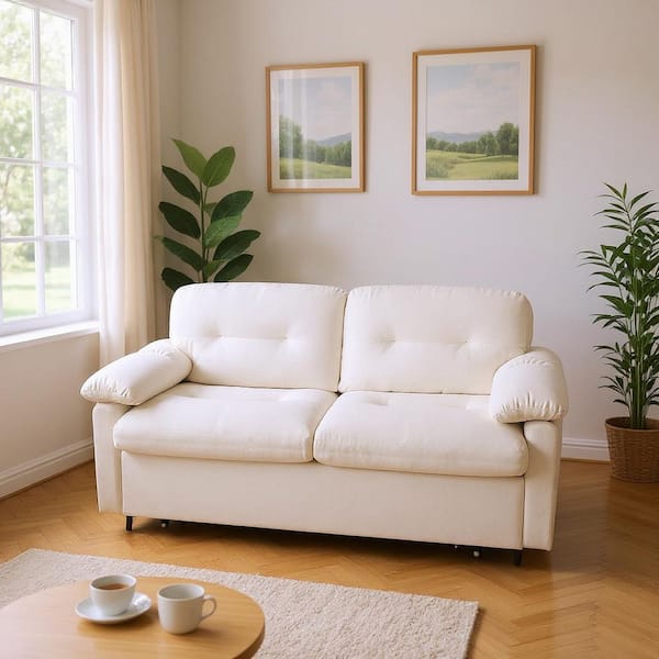 SLPPE 72 in. Creamy Linen Chenille Queen Size 2-Seat Sofa Bed with Pillow Arm and Pull-Out Sleeper