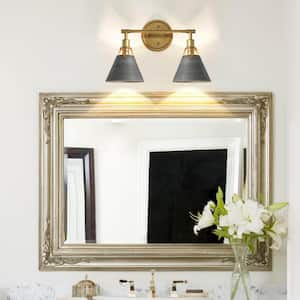 15.5 in. Brushed Vintage Gold/Gray Bathroom Vanity Light with Bell/Cone Shades 2-Light Modern Living Room Wall Sconce
