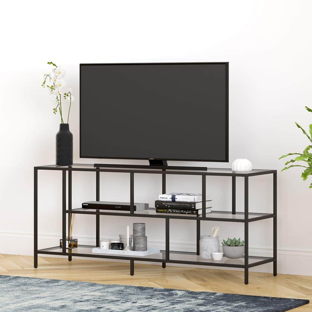 Wylan Streamlined 55'' Black Metal TV Stand with Glass Shelves