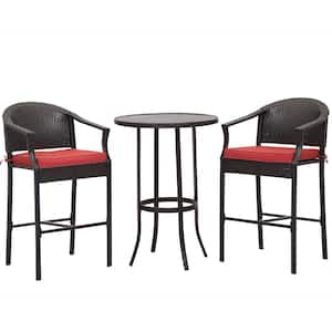 3-Piece Wicker Outdoor Bar Set with Iron Table Top and Red Cushion