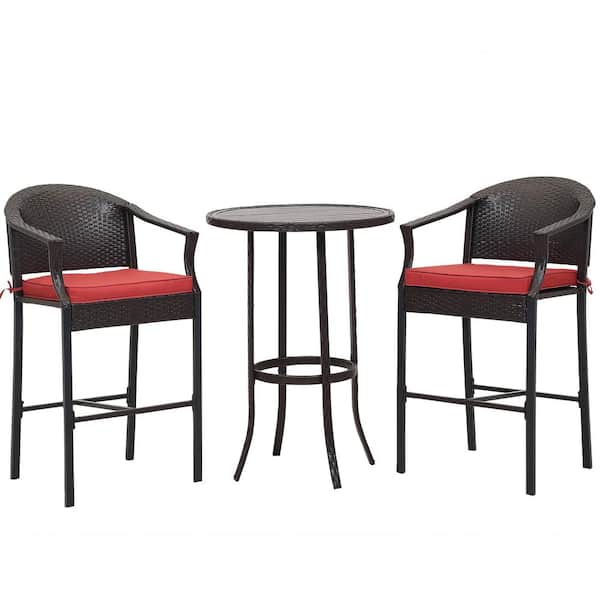 MIRAFIT 3-Piece Wicker Outdoor Bar Set with Iron Table Top and Red Cushion