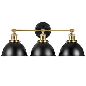 Savannah Farmhouse 26 in. W 3-Light Matte Black Indoor Bathroom Dimmable Vanity Light Metal Shade with Gold Trim