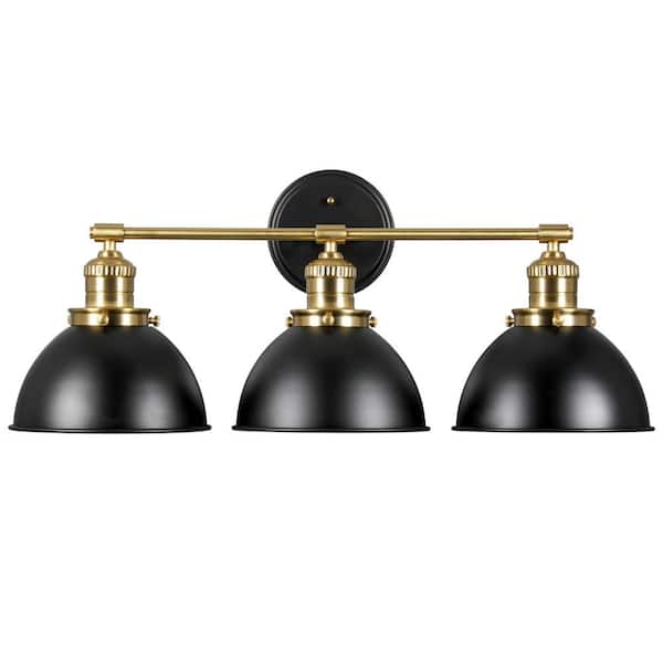 Design House Savannah Farmhouse 26 in. W 3-Light Matte Black Indoor Bathroom Dimmable Vanity Light Metal Shade with Gold Trim