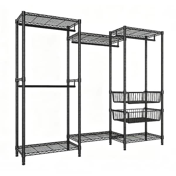 Heavy Duty Pantry Organizers in Black with Adjustable Wire Shelves, Hanging Rods, Freestanding Closet Organizer,528 lbs.