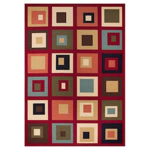 House Collection Non-Slip Rubberback Box Design 7x10 Indoor Area Rug, 6 ft. 6 in. x 9 ft. 2 in., Red