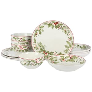 Festive Berries 12 Piece Double Bowl Fine Ceramic Dinnerware Service Set For 4 in White