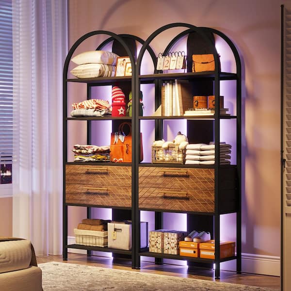 BYBLIGHT Eulas 70.8 in. Tall Brown Wood 4-Shelf Standard Bookcase Bookshelf with 2-Drawers and LED Light