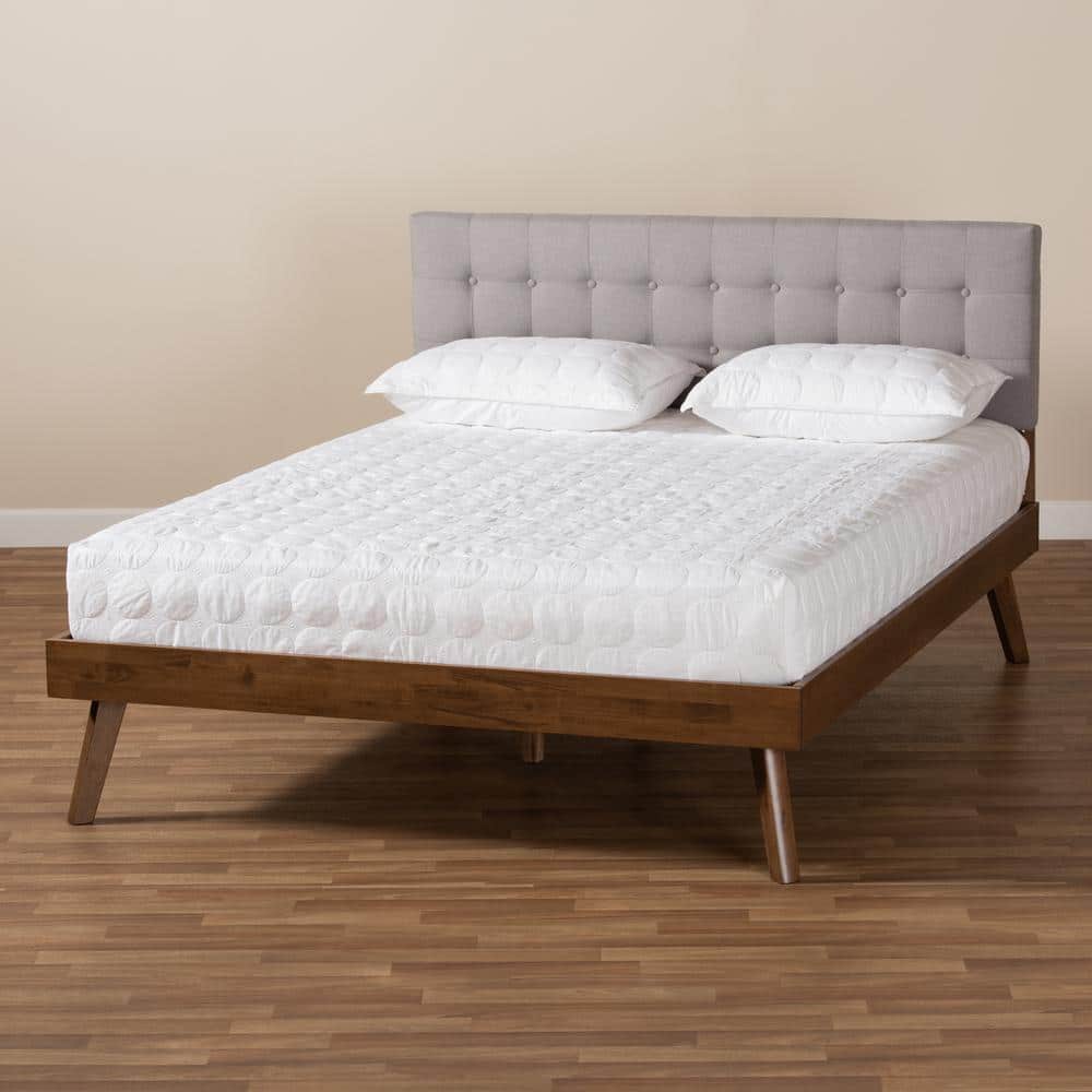 Devan Mid-Century Walnut & Light Grey Tufted Full Bed