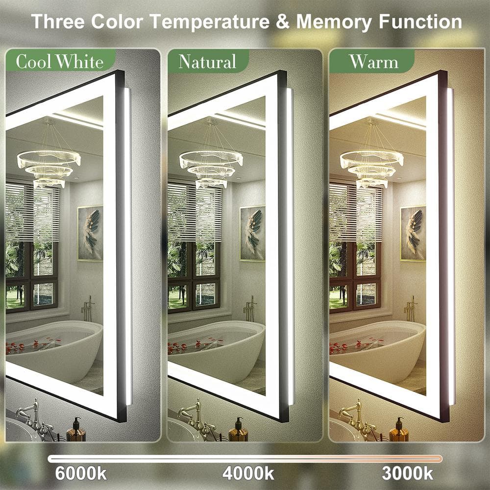 Matte Black LED Lighted Anti-Fog Tempered Glass Vanity Mirror, 60" x 28"