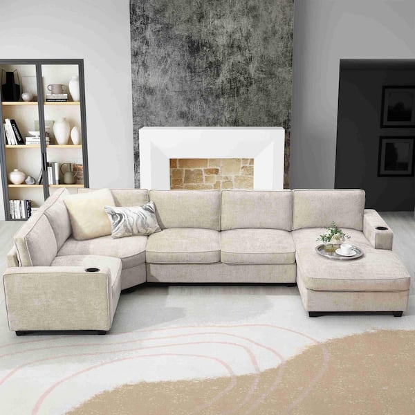119 in. Square Arm Chenille Sectional Sofa with Irregular Corner, Cup Holders in. Beige