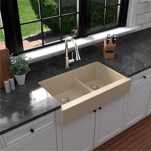 Retrofit Farmhouse/Apron-Front Quartz Composite 34 in. Double Offset Bowl Kitchen Sink in Bisque