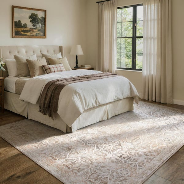 8 ft. x 10 ft. Khaki Vintage Tribal Floral Washable Non Slip Ultra-Thin Soft Area Rug