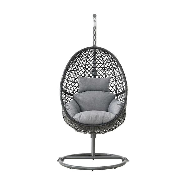 Tenleaf 45.2 in. Width Black Metal PE Rattan Patio Swing with Gray Cushions, Stand