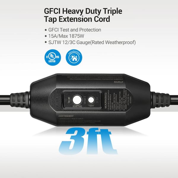 Heavy-Duty Manual 3 ft. 12/3 Gauge Indoor/Outdoor GFCI Extension Cord with LED Lighted Triple Tap, Black