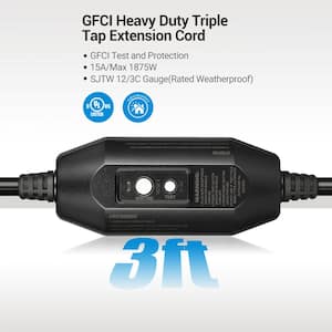 Heavy-Duty Manual 3 ft. 12/3 Gauge Indoor/Outdoor GFCI Extension Cord with LED Lighted Triple Tap, Black