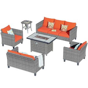 New Star Gray 6-Piece Wicker Patio Rectangle Fire Pit Conversation Seating Set with Orange Red Cushions