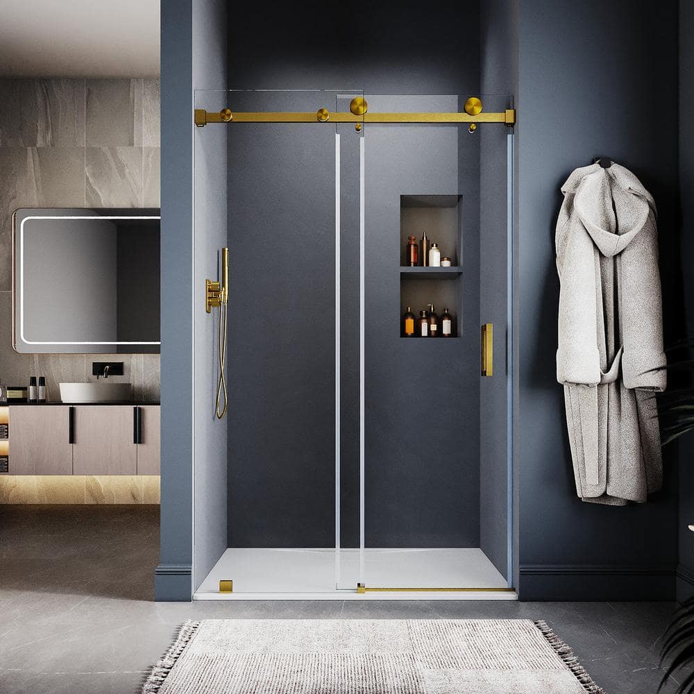 UKS05 46 to 49 in. W x 80 in. H Sliding Frameless Shower Door in Satin Brass, EnduroShield 3/8 in. SGCC Clear Glass price history on PriceWatchPro