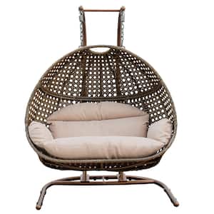 Brown Wicker Hanging Double-Seat Patio Swing Chair with Stand and Beige Cushion