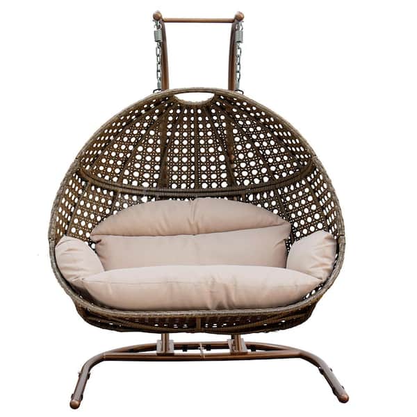 ITOPFOX Brown Wicker Hanging Double-Seat Patio Swing Chair with Stand and Beige Cushion