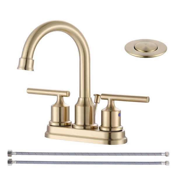 VEVETTA 4 in. Centerset Deck Mount Double Handle Bathroom Faucet with Pop-Up Drain Included in Gold