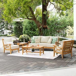 Abbington Teak Wood 5-Piece Patio Conversation Set with Tan Cushion