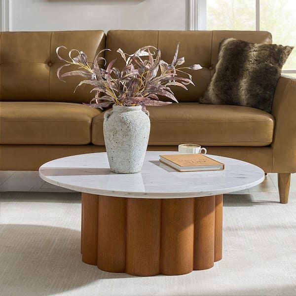 JAYDEN CREATION Liberto Walnut 36 in. W Modern Natural Round Marble Coffee Table