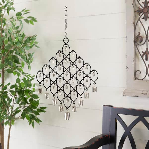 Litton Lane 24 in. Black Metal Windchime with Bells and Chain Ring Hanger