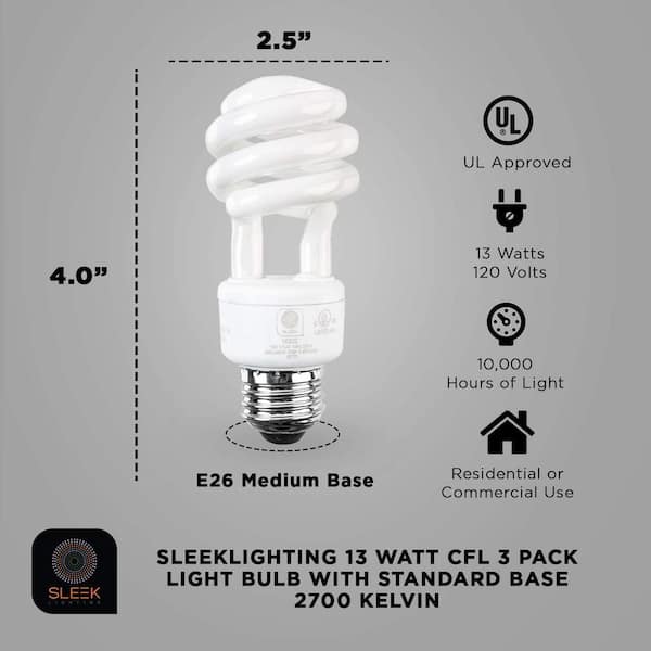 sleeklighting 65-Watt Equivalent E26 Saving, CFL Light Bulb 2700 K (3-Pack) 16202 The Home Depot