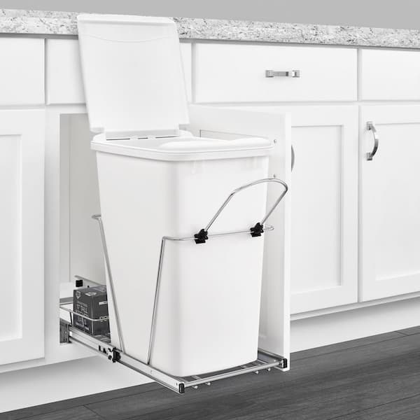 Rev-A-Shelf Single Pull Out Under Sink 35 Qt Trash Can for Base  Kitchen/Bathroom Cabinets with Slides and Simple Installation, White,  RV-12PB