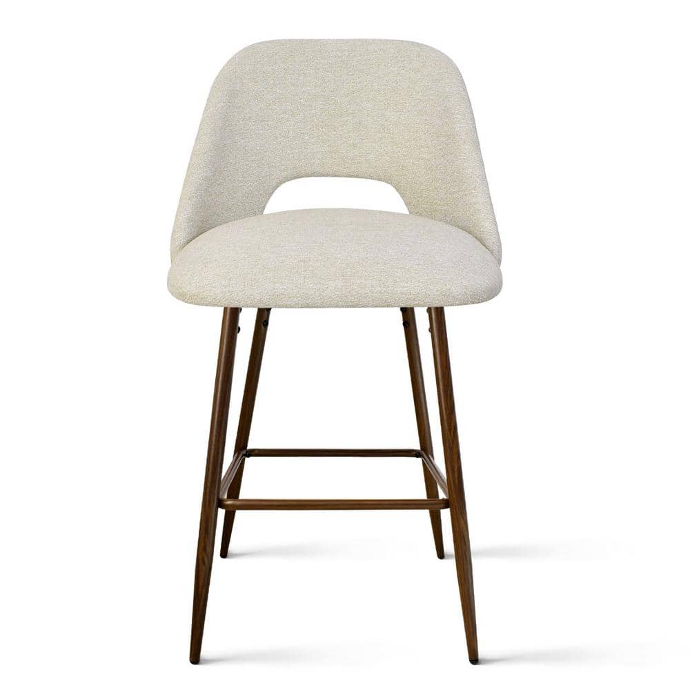 Beige Upholstered Counter Stools with Walnut Legs, Set of 2