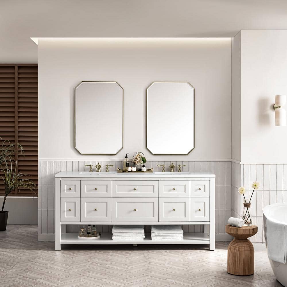 Bright White Solid Wood Double Vanity with Brass Knobs