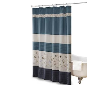 Belle Navy 72 in. Faux Silk Embroidered Floral Shower Curtain