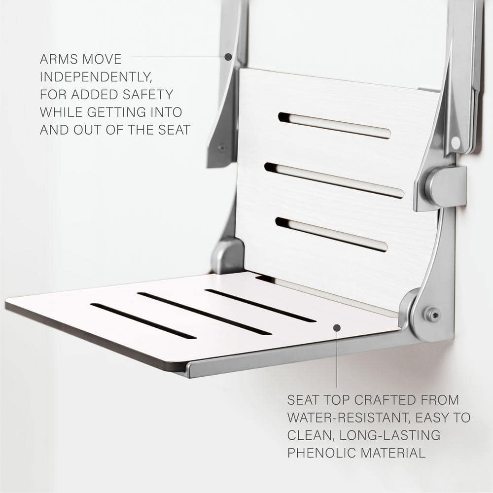 White Teak Folding Wall Mount Shower Seat with Arms
