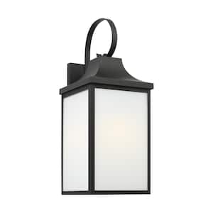 Saybrook 22 in. Textured Black Outdoor Hardwired Large Wall Lantern Sconce with Glass Shade and No Bulbs Included