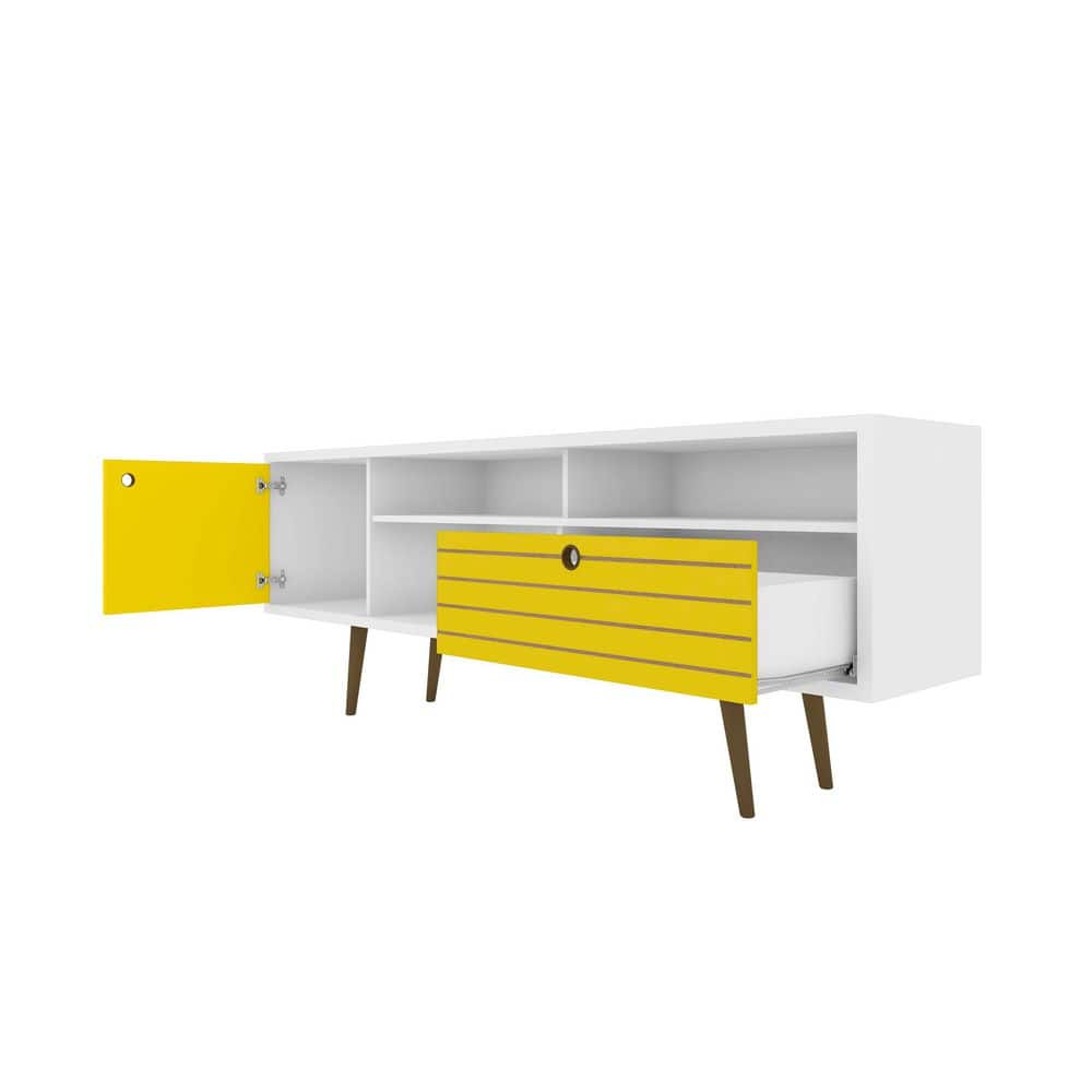 White and Yellow Mid-Century Modern TV Stand with Cabinet
