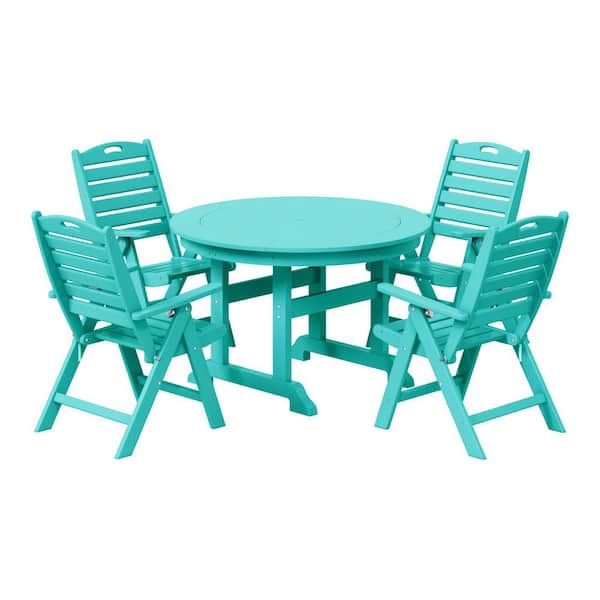 Laguna All Weather HDPE Plastic Outdoor 5-Piece Round Table Folding Highback Chairs Patio Dining Set, Turquoise