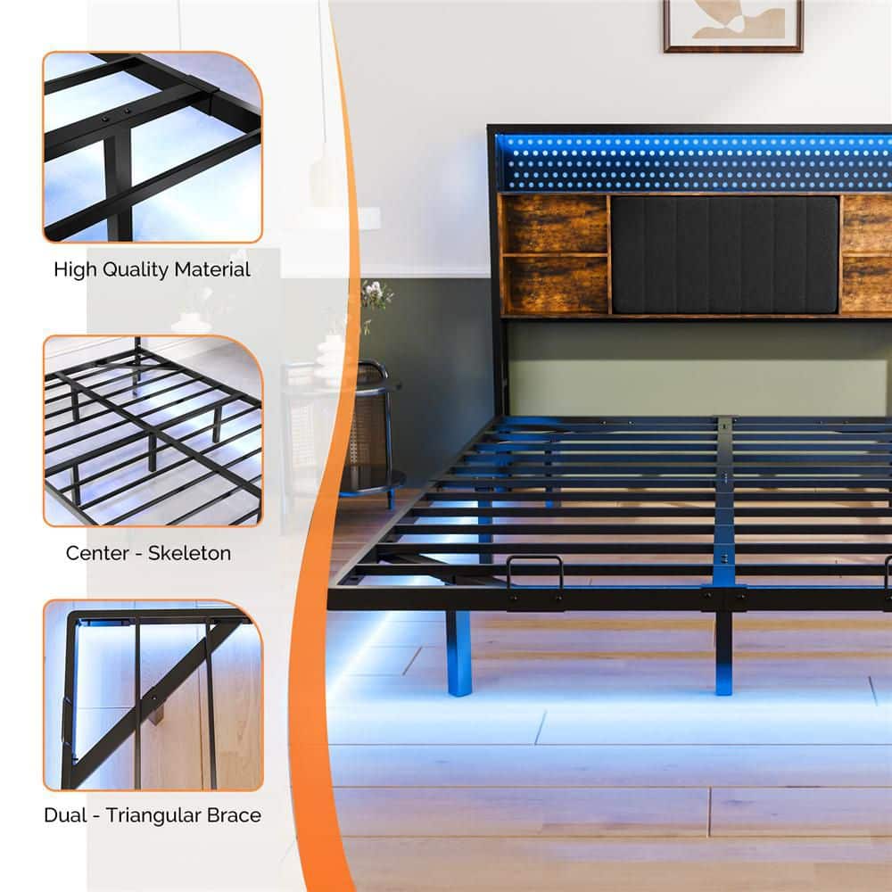 Multi-Colored Metal Frame King Size Platform Bed Floating Bed with LED Light and Charging Station Upholstered Headboard - thumbnail 9