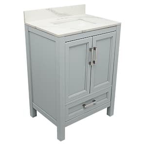 Salerno 25 in. W x 19 in. D Bath Vanity in Grey with Quartz Stone Vanity Top in Calacatta White with White Basin