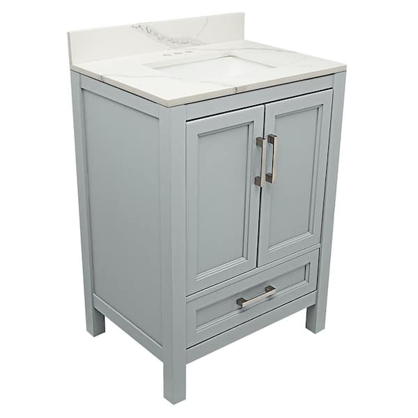 Amluxx Salerno 25 in. W x 19 in. D Bath Vanity in Grey with Quartz Stone Vanity Top in Calacatta White with White Basin
