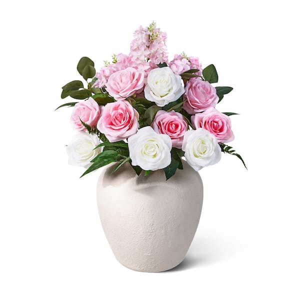 24in.Faux Silk Artificial Pink Rose Flowers UV Resistant Fake Flowers with Vase for Home Garden Decor
