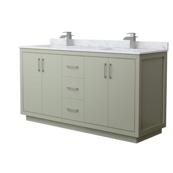 Wyndham Collection Icon 66 in. W x 22 in. D x 35 in. H Double Bath Vanity in Light Green with White Carrara Marble Top