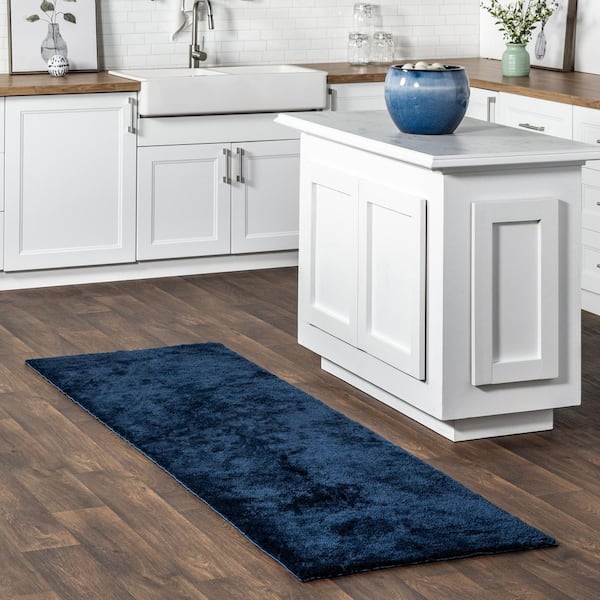 Loni Solid Machine Washable Shag Navy 3 ft. x 10 ft. Runner Rug