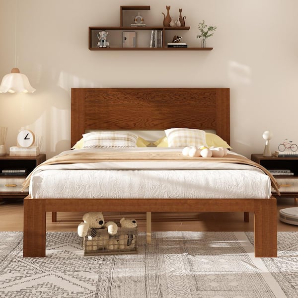 Walnut Brown Color Wooden Frame Queen Size Platform Bed