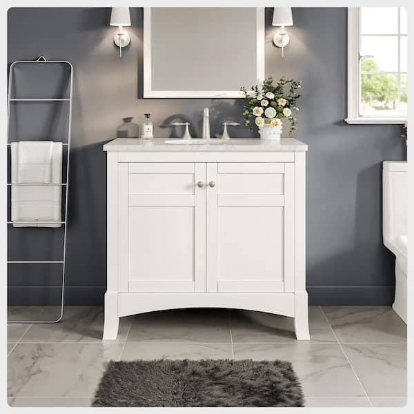 Eviva New York 36 in. Single Sink White Bath Vanity with White Carrara Marble Top (Assembled)
